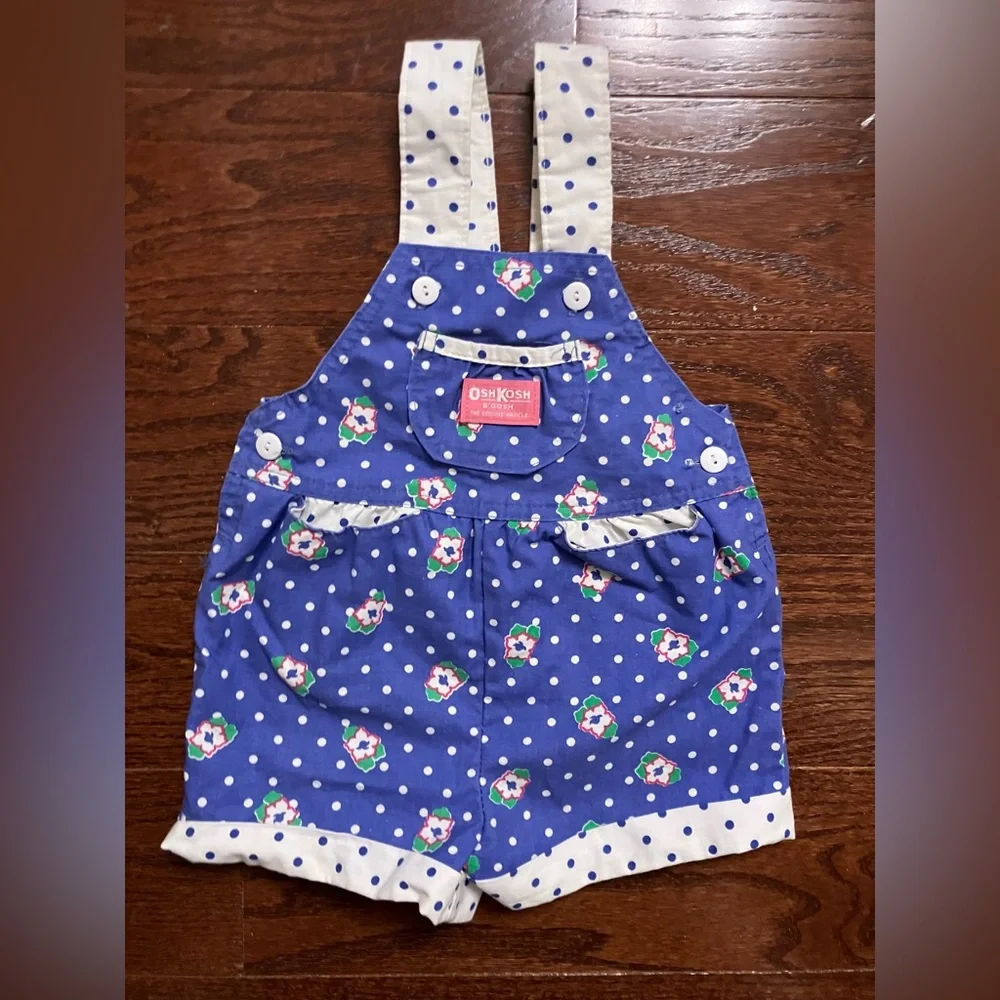 Vintage 1990s OshKosh B'gosh Floral Polka Dot Baby Overalls 3T-4T Lady bug tag
